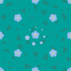 Fototapeta na wymiar Blue flowers pattern. Seamless blue floral pattern from Forget-me-nots with geometric shapes on a green background. Endless ornament for textiles and designs, baby clothes or bedding. Vector 