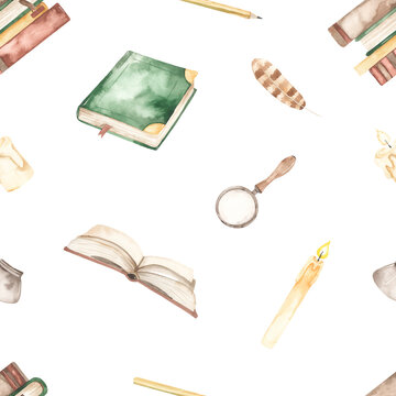 Watercolor seamless pattern with magic items, books, feathers, ink, candles, magnifying glass on a white background