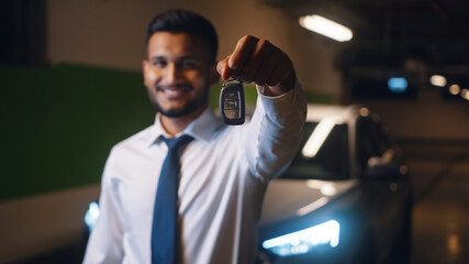 Businessman holding car keys. A White car is parked in the parking lot behind him, Businessman dressed in formal white shirt and tie smiling at the camera. High quality photo. 