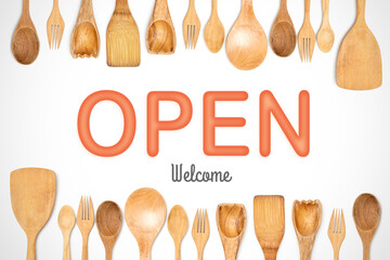 Open welcome with wooden kitchen accessories frame isolated white background. suitable for restaurant decoration. 3d typography image. set of wooden spoons