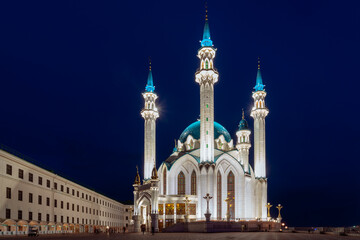 View of the Kul Sharif Mosque in the Kazan Kremlin in the night light, Kazan, Tatarstan, Russia.