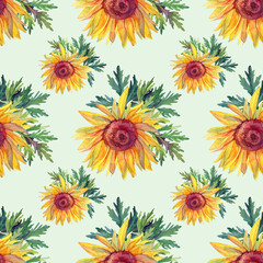 Seamless pattern watercolor yellow flower sunflower with green leaves on blue. Autumn background. Art creative hand-drawn object for invite, oktober fest, textile, wedding, celebration, wrapping
