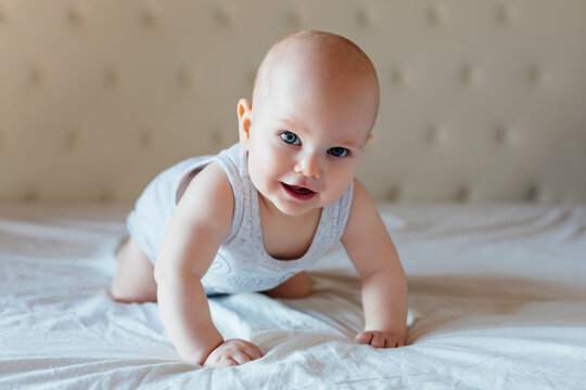 Male baby crawl on the bed
