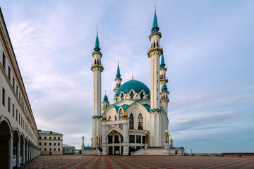 Kul Sharif Mosque in the Kazan Kremlin with lights on on a sunny spring morning, Kazan, Tatarstan, Russia.