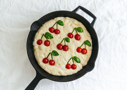 Cherry Tomato Focaccia in cast iron pan