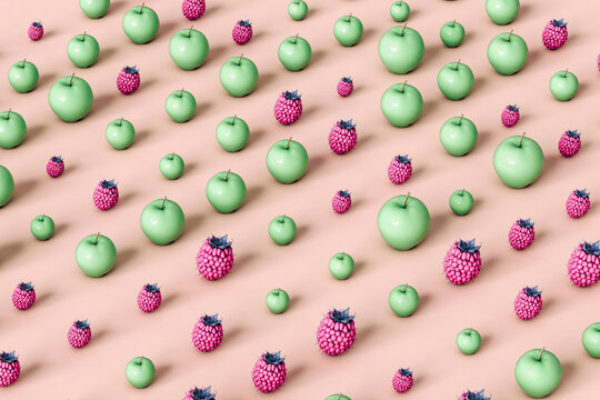 raspberries and apples on pink background