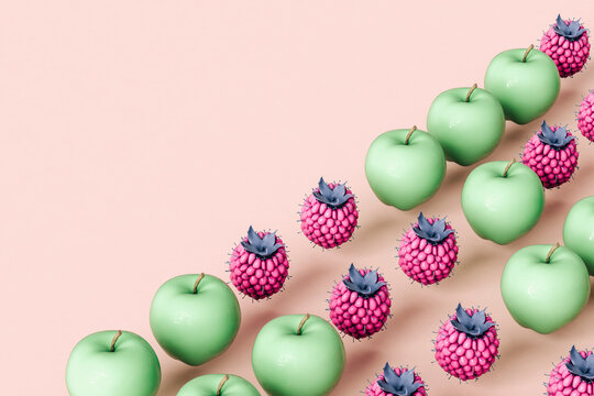 Raspberries and apples on pink background