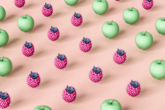 Raspberries and apples on pink background