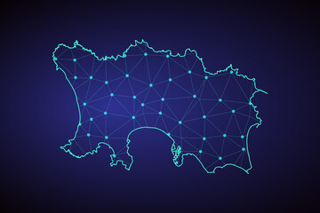 Map of Jersey. Wire frame 3D mesh polygonal network line, design sphere, dot and structure. communications map of Jersey. Vector Illustration EPS10.