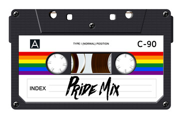 Cassette with retro label as vintage object for 80s revival mix tape design