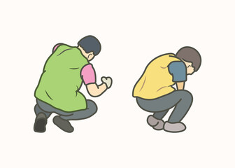 Crouching manufacturing workers in back view on the floor in vector illustration art design