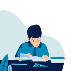 Vector illustration of child boy studying. Work from home concept  