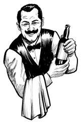 Smiling waiter with a bottle of wine. Ink black and white drawing