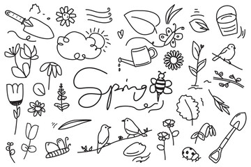 Hand drawn spring doodle set background. spring line icon