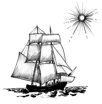 Sailing ship at the sea. Ink black and white drawing