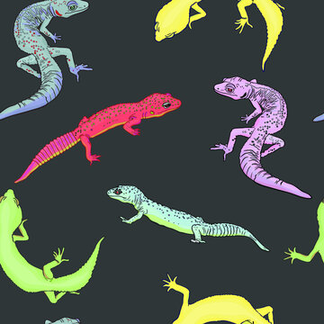 Seamless illustration of geckos, i am lizards. Pets pattern for printing on paper, clothing, tableware, bed, pet supplies, pet shops, baby clothes 