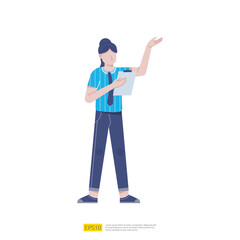 businesswoman or young woman worker character presentation pose with hand gesture and checklist document in flat style isolated vector illustration