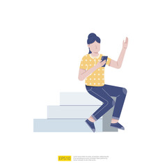 Woman with mobile phone texting sitting on stair. Girl holds smartphone in her hand. female character chilling and browsing social media on mobile device. Cartoon flat vector illustration