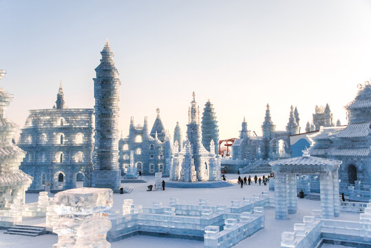 HARBIN, CHINA - JAN 2, 2019: Harbin International Ice and Snow Sculpture Festival is an annual winter festival that takes place in Harbin. It is the world largest ice and snow festival.
