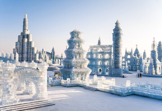 HARBIN, CHINA - JAN 2, 2019: Harbin International Ice and Snow Sculpture Festival is an annual winter festival that takes place in Harbin. It is the world largest ice and snow festival.