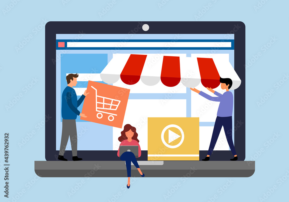 Wall mural build your online shopping store concept vector illustration. people working on web design for lapto