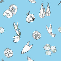 Seamless illustration of seafood delicacies. Pattern of crab claws, oysters, snails, fish for logo print, icons, menu, restaurant