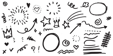 Naklejka premium hand drawn set of curly swishes, swashes, swoops. Abstract arrows, Arrow, heart, love, star, leaf, sun, light, crown, king, queen, on doodle style for concept design. vector illustration.
