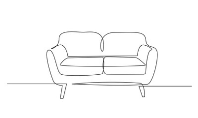 Continuous one line drawing of Sofa or couch. Modern furniture in simple Linear style. Doodle vector illustration