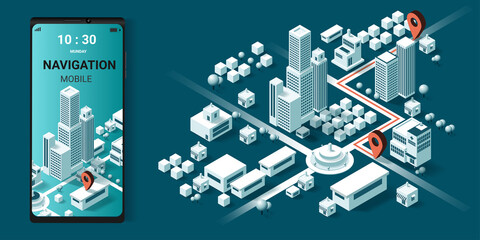 Maps and navigation online on mobile application, City isometric plan with road and buildings, World Map. Isometric smart city concept. 3d vector illustration