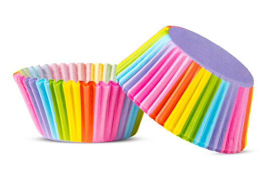Rainbow Cupcake Cup Liners, Non Stick Parchment Paper Baking Cups for Baking Muffin and Cupcakes Decoration Cups. High resolution photo. Close-up Full depth of field. White isolated background. 