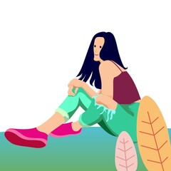 Girl illustration. Beautiful girl sitting in the park