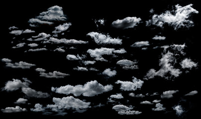 collection of Isolated clouds on black background clipping path