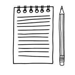 Hand drawn doodle sketch style vector illustration of spiral paper notepad with lines with space for text and pencil. Note taking concept. Isolated on white background