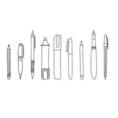 Hand drawn doodle sketch style vector illustration of various pens, pencils, markers and highlighters in horizontal layout. For webpage background banner design. Black, isolated on white background.