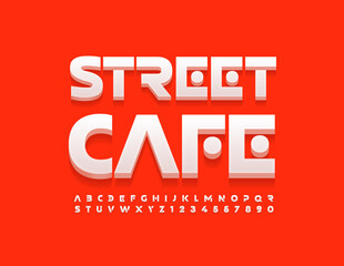 Vector modern emblem Street Cafe. White 3D Font. Decorative Alphabet Letters and Numbers set