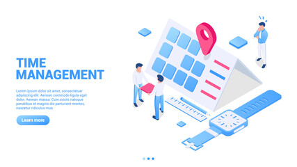 Time management. Concept of effective workflow, planning, time spending. Vector illustration in isometric style. Isolated on white background.