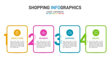 Concept of shopping process with 4 successive steps. Four colorful graphic elements. Timeline design for brochure, presentation, web site. Infographic design layout.
