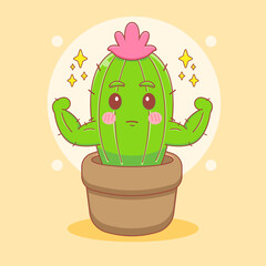 cartoon illustration of cute strong cactus character with muscle