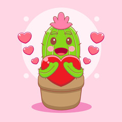 cartoon illustration of cute cactus character hugging love