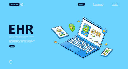 Electronic health record banner. Patient medical report in digital file, online healthcare data. Vector landing page with isometric illustration of laptop and smartphone with patient profile on screen