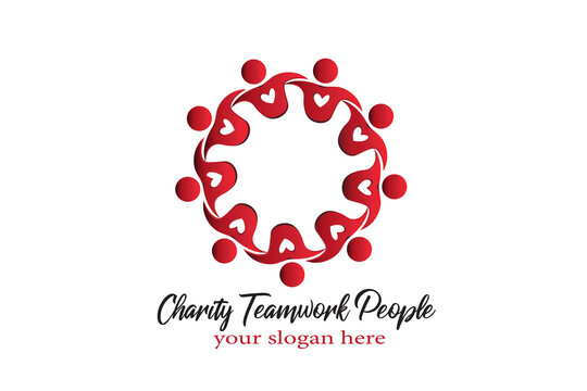Logo teamwork with a big heart unity people in a hug voluntary , charity , non profit , collaboration concepts vector image graphic illustration design template