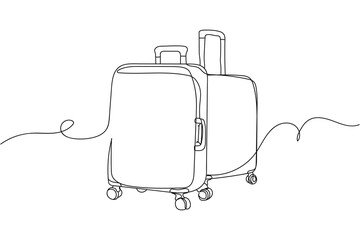 Continuous one line of travel luggage elements in silhouette on a white background. Linear stylized.Minimalist.