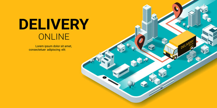 Online delivery service on smartphone, Smart logistics, Online order. City logistics. Truck, warehouse and parcel box. Concept for website or banner. Isometric Vector illustration