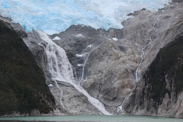 Glacial waterfall, Chilean fjords, Patagonia, southern Chile.
