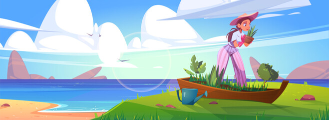 Woman planting flowers in old boat on sea beach. Vector cartoon summer landscape of sand ocean shore with broken ship in grass, watering can and girl in hat holding flower pot