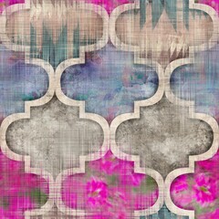 Obraz premium Seamless Moroccan inspired highly textured pattern for surface print. High quality illustration. Stylized chic ornate ogee or quatrefoil pattern. Luxury ornamental oriental symmetric shape repeat.