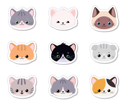 Set of stickers of cute cat faces on white background. Cartoon flat style