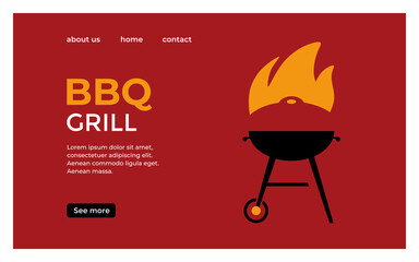 BBQ, barbecue grill web page template. Grill store. Colorful isolated flat vector illustration. Pellet, charcoal kettle grills with flames.Cooking grilled steak. Frying and smoking meat.Picnic outdoor