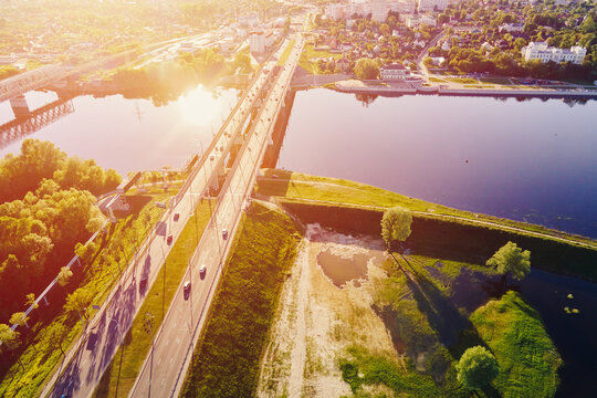 Cityscape of Gomel, Belarus. Aerial view of town architecture. Bridge over Sozh river at sunset, bird eye view