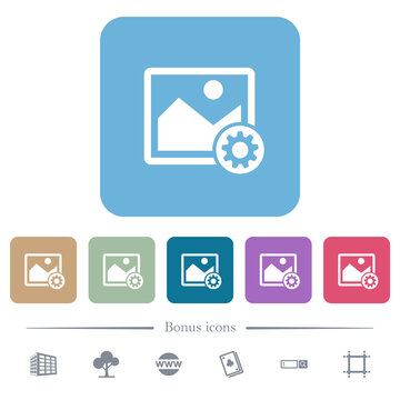 Image settings flat icons on color rounded square backgrounds